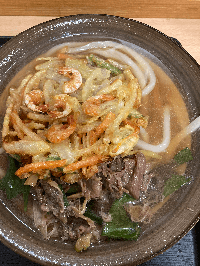 牧のうどんの肉野菜かきあげうどん
